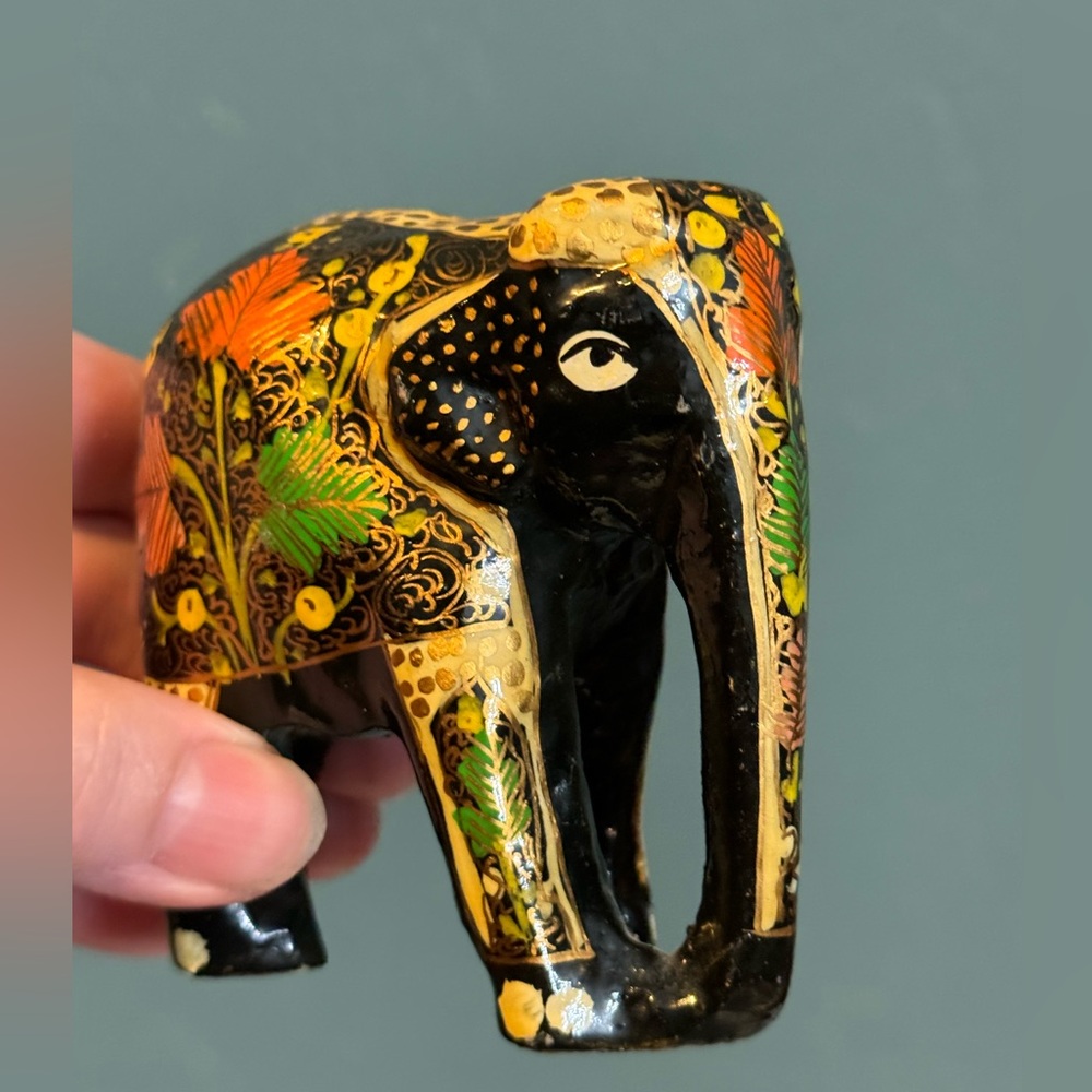 Hand Painted Black Lacquer Wood Elephant Figurine - Trunk Down, Gold